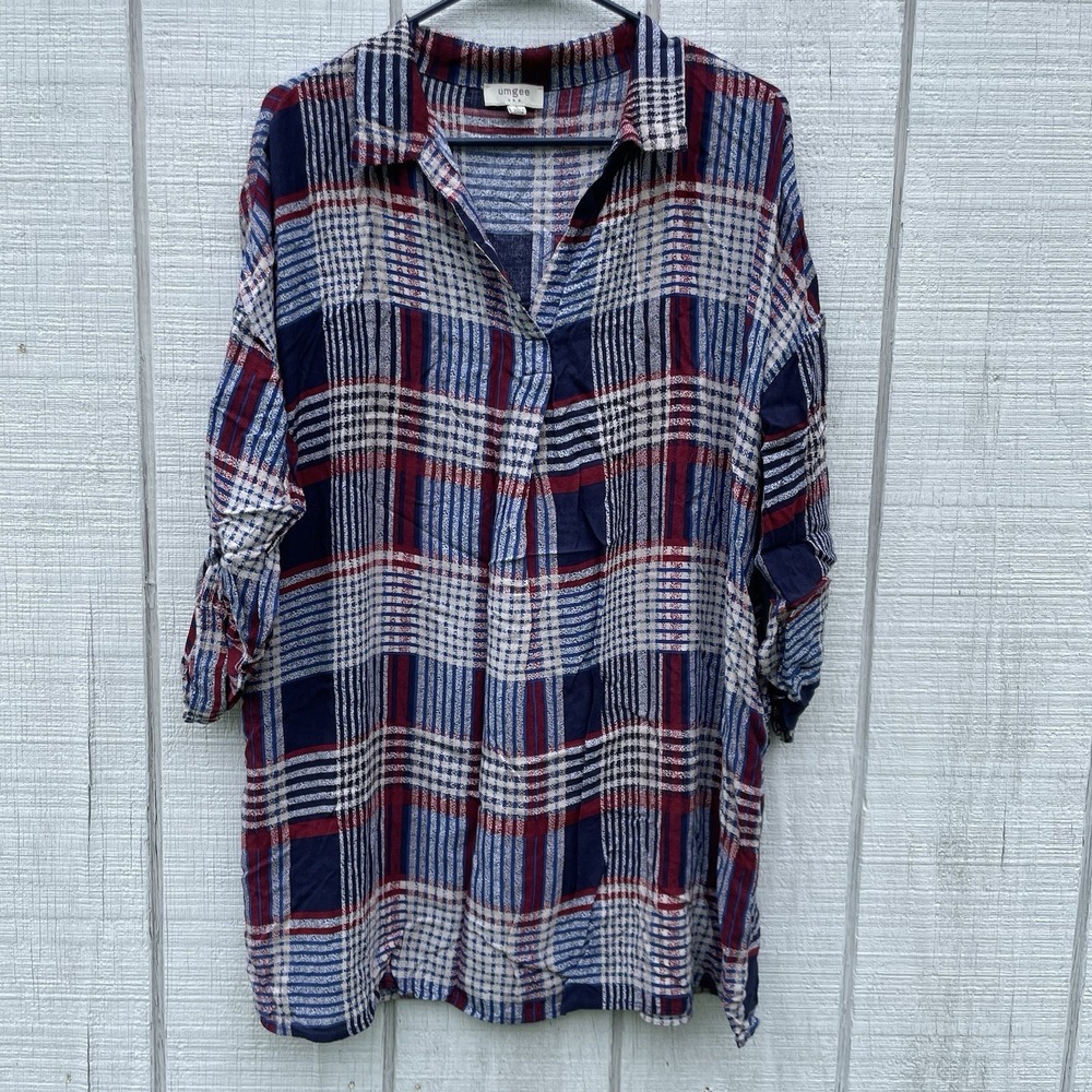 Umgee Large Plaid Pullover Tunic Shirt Blouse Large L Summer Rayon Lightweight